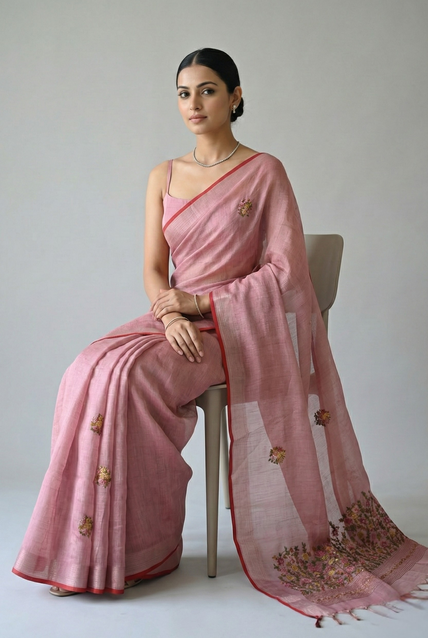 Saanvi Bloom Linen Tissue Saree Pink Saree featured