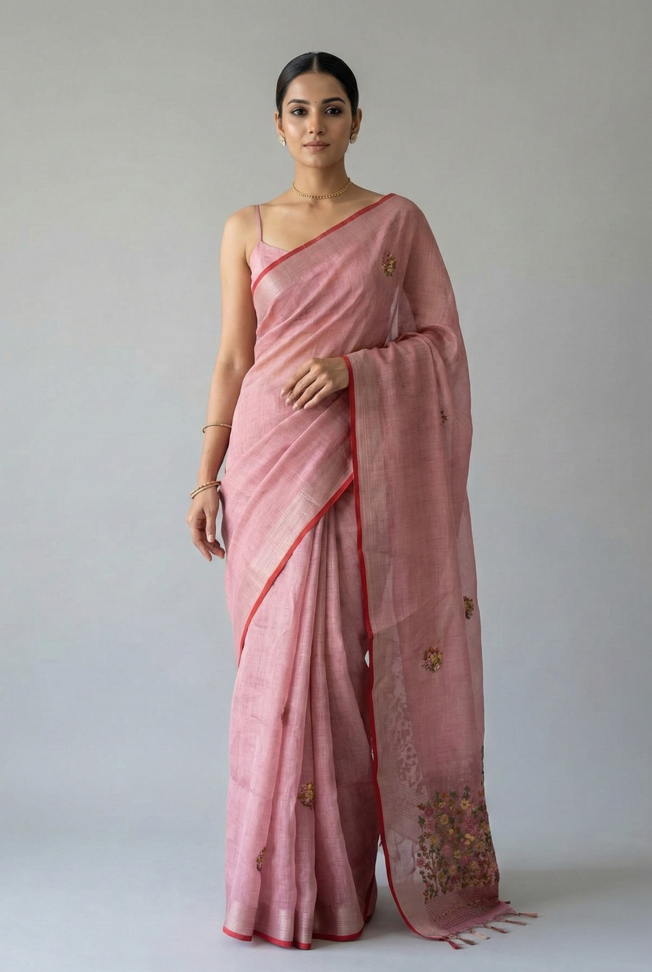 Saanvi Bloom Linen Tissue Saree Pink Saree featured