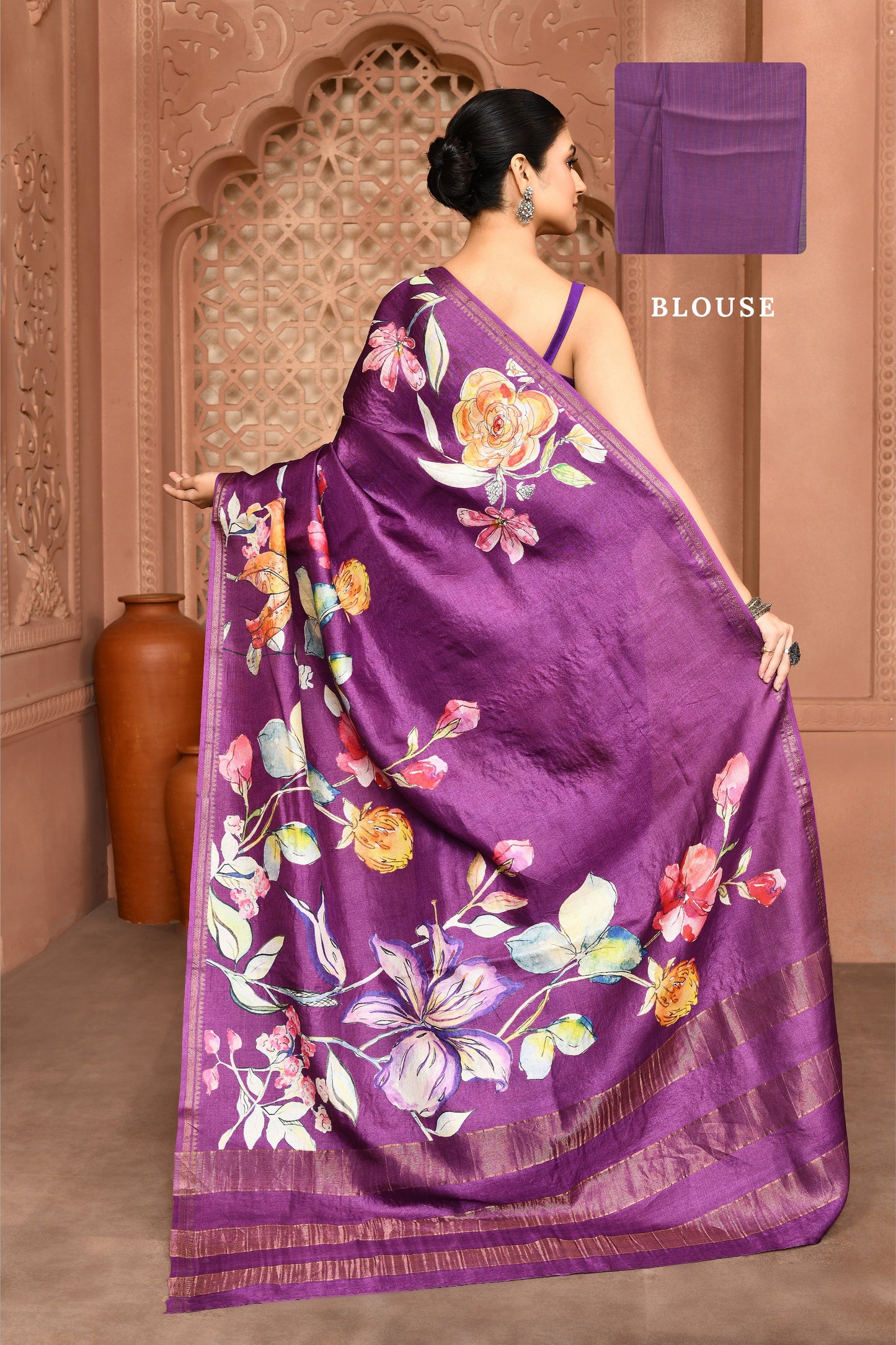 Samantha Blossom Tussar Silk Saree Eggplant Saree featured