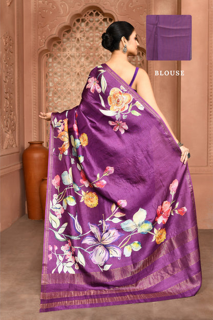 Samantha Blossom Tussar Silk Saree Eggplant Saree featured