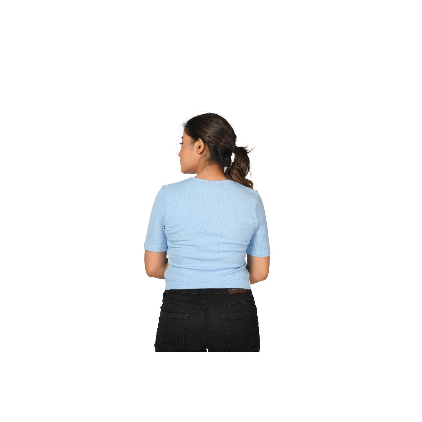 Hosiery Blouse- Regular Deep Round Neck - Sky Blue - Blouse featured