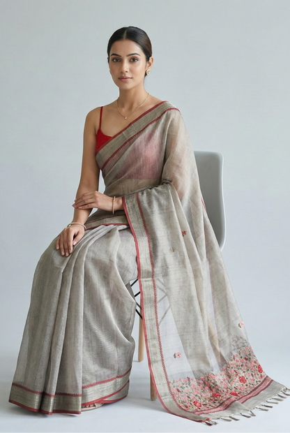 Triveni Linen Tissue saree Antique Gold Grey Saree featured