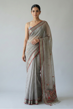 Load image into Gallery viewer, Triveni Linen Tissue saree Antique Gold Grey Saree featured