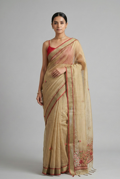 Triveni Linen Tissue saree Golden Saree featured