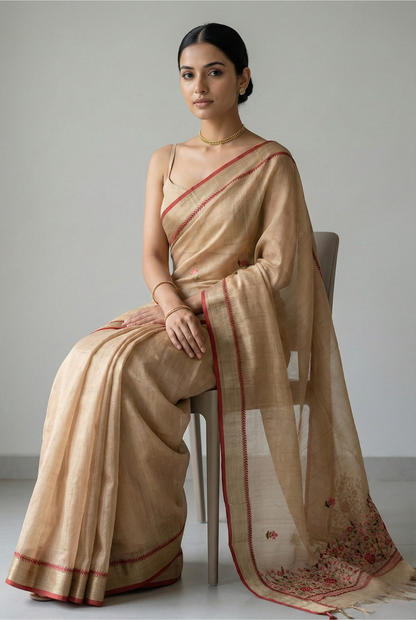 Triveni Linen Tissue saree Golden Saree featured