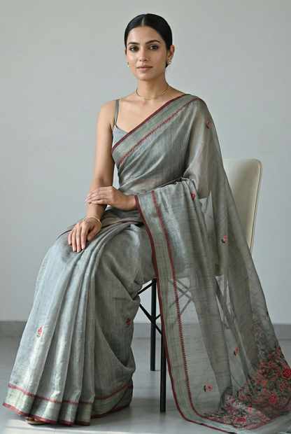 Triveni Linen Tissue saree Mehendi Green Saree featured