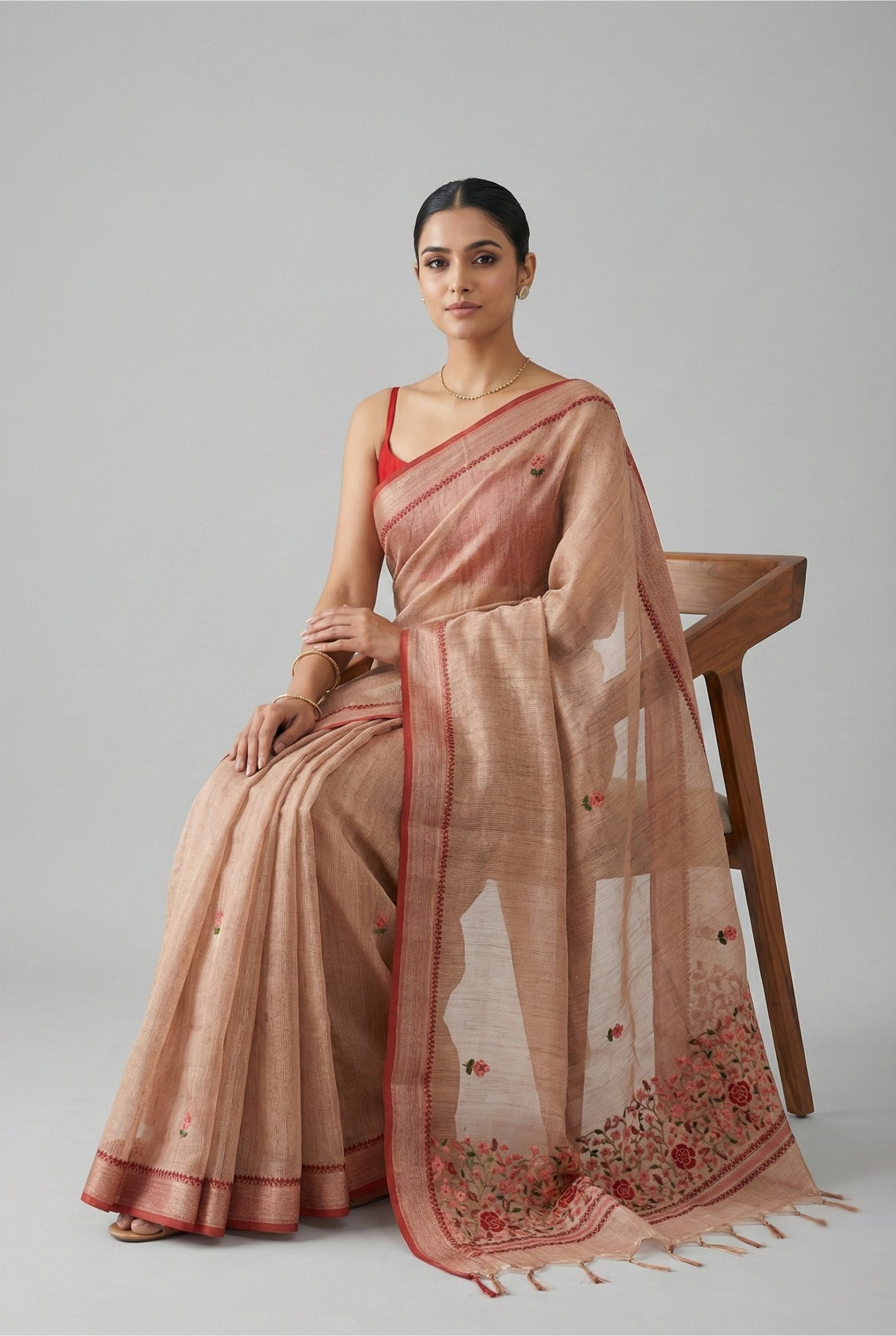 Triveni Linen Tissue saree Terracotta Saree featured
