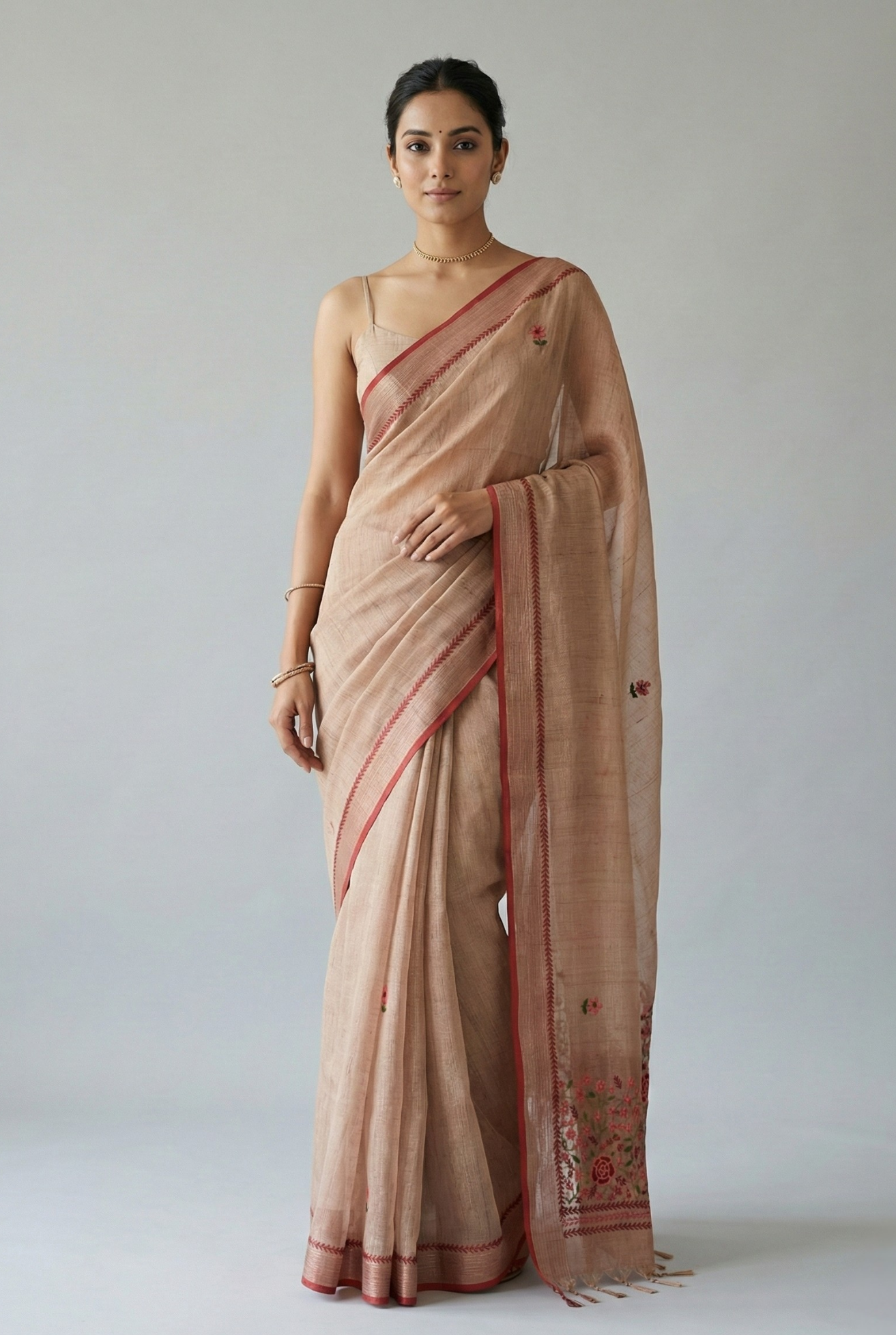 Triveni Linen Tissue saree Terracotta Saree featured