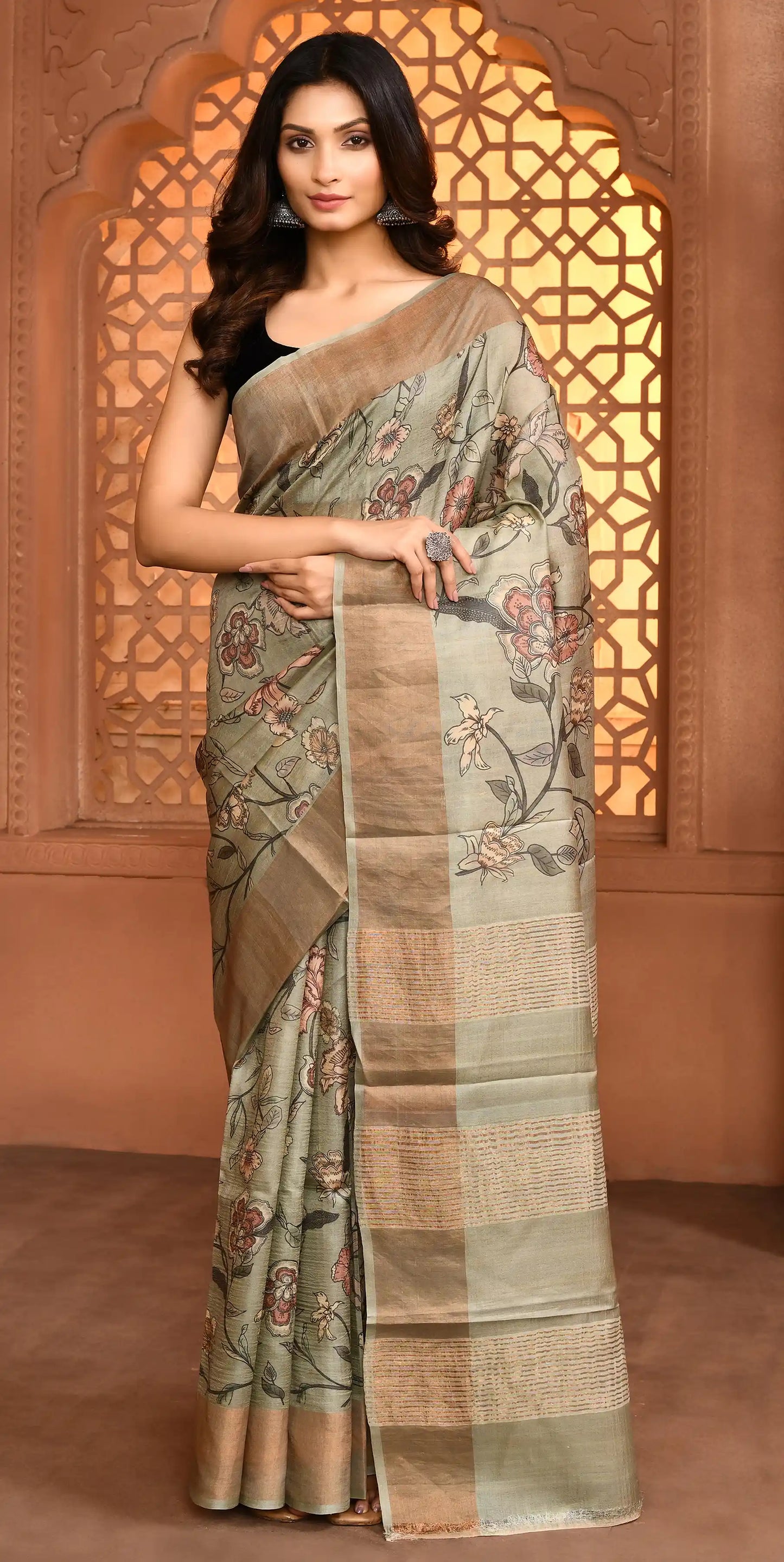Aria Grace Saree Muted Sage Green featured