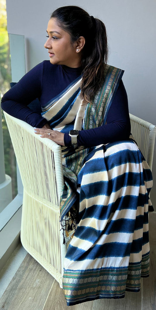 Patola Pallu Saree with Blue Stripes Saree