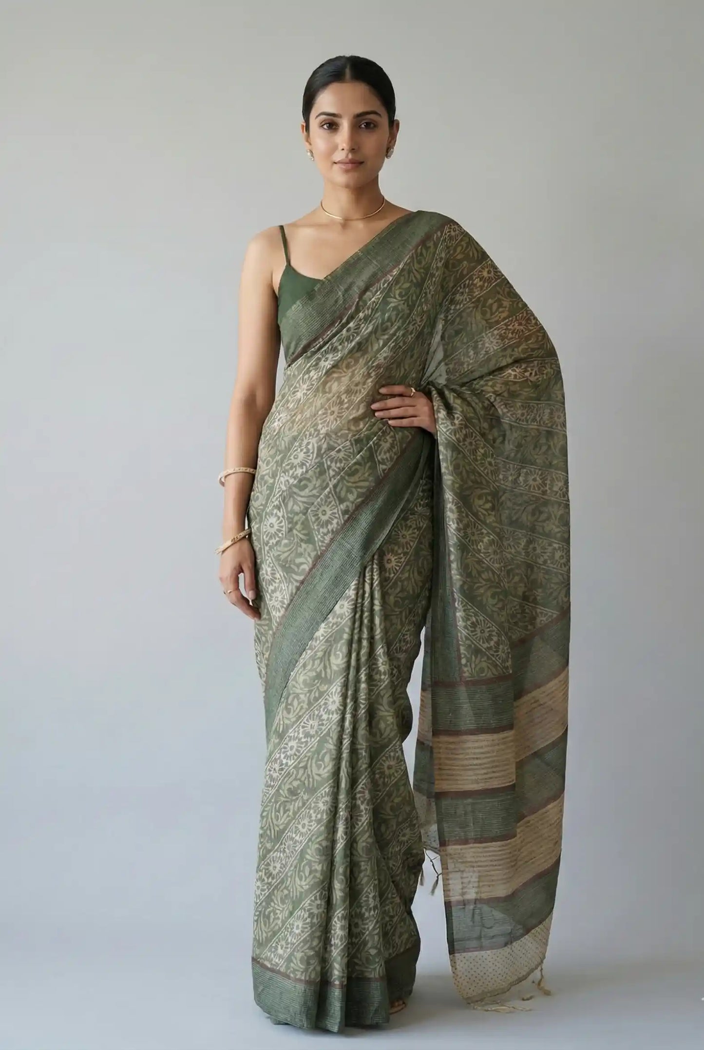 Vanika Veil Semi Tussar Saree Green featured