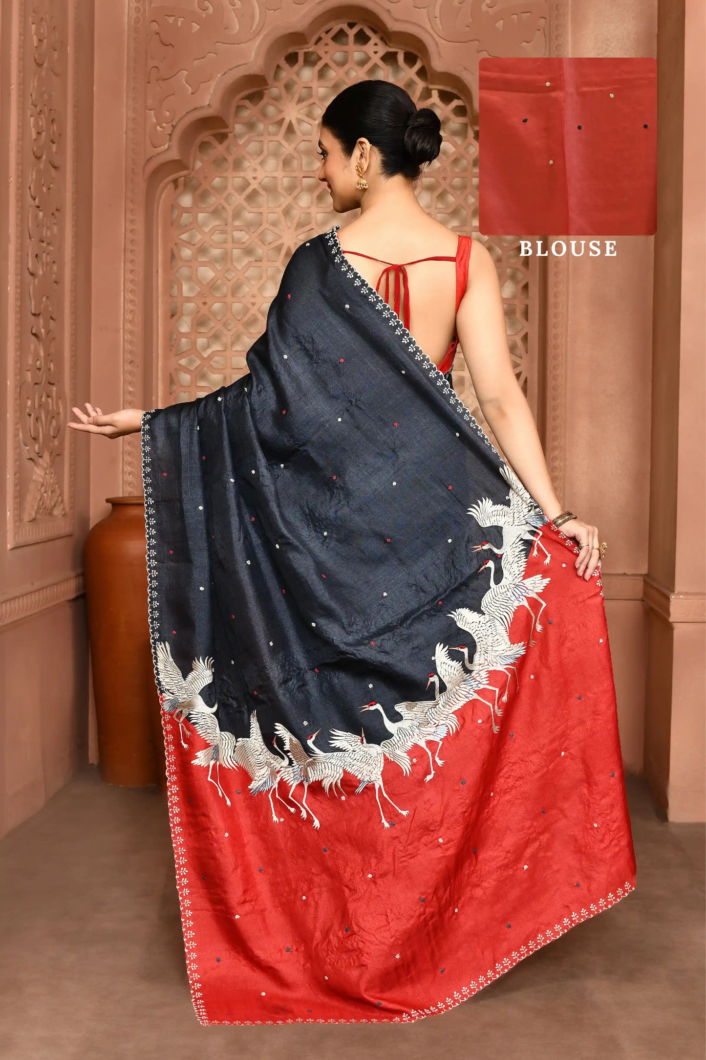 Vanya Flamingo Grace Tussar Silk Saree Gray & Red Saree featured