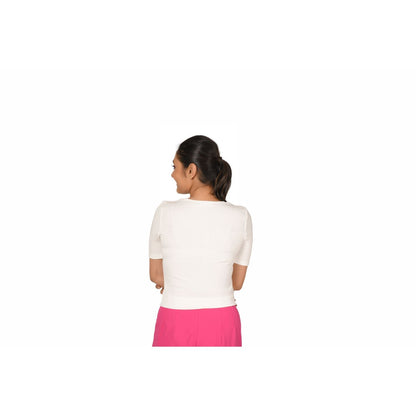 Hosiery Blouse- Regular Deep Round Neck - White - Blouse featured
