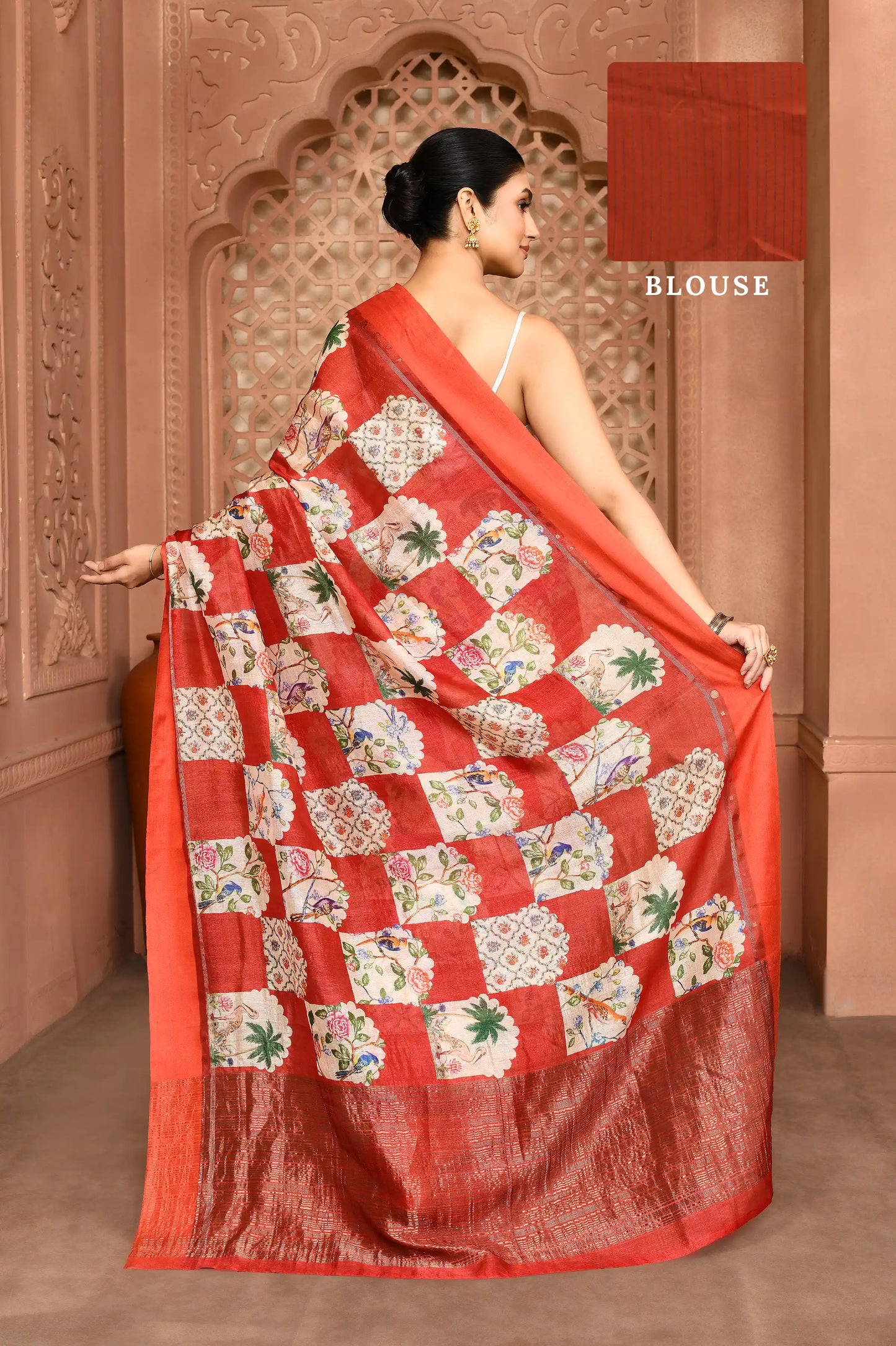 Yasmine Mughal Tussar Silk Saree - Cherry Red featured