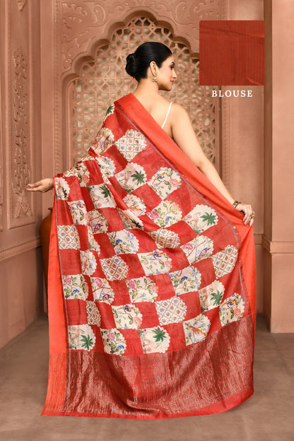 Yasmine Mughal Tussar Silk Saree - Cherry Red featured