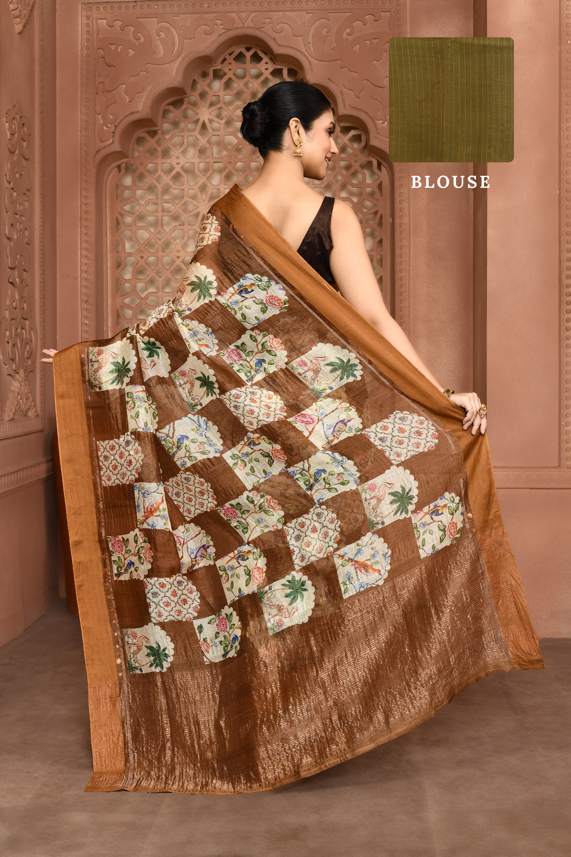 Yasmine Mughal Tussar Silk Saree - Olive Brown featured