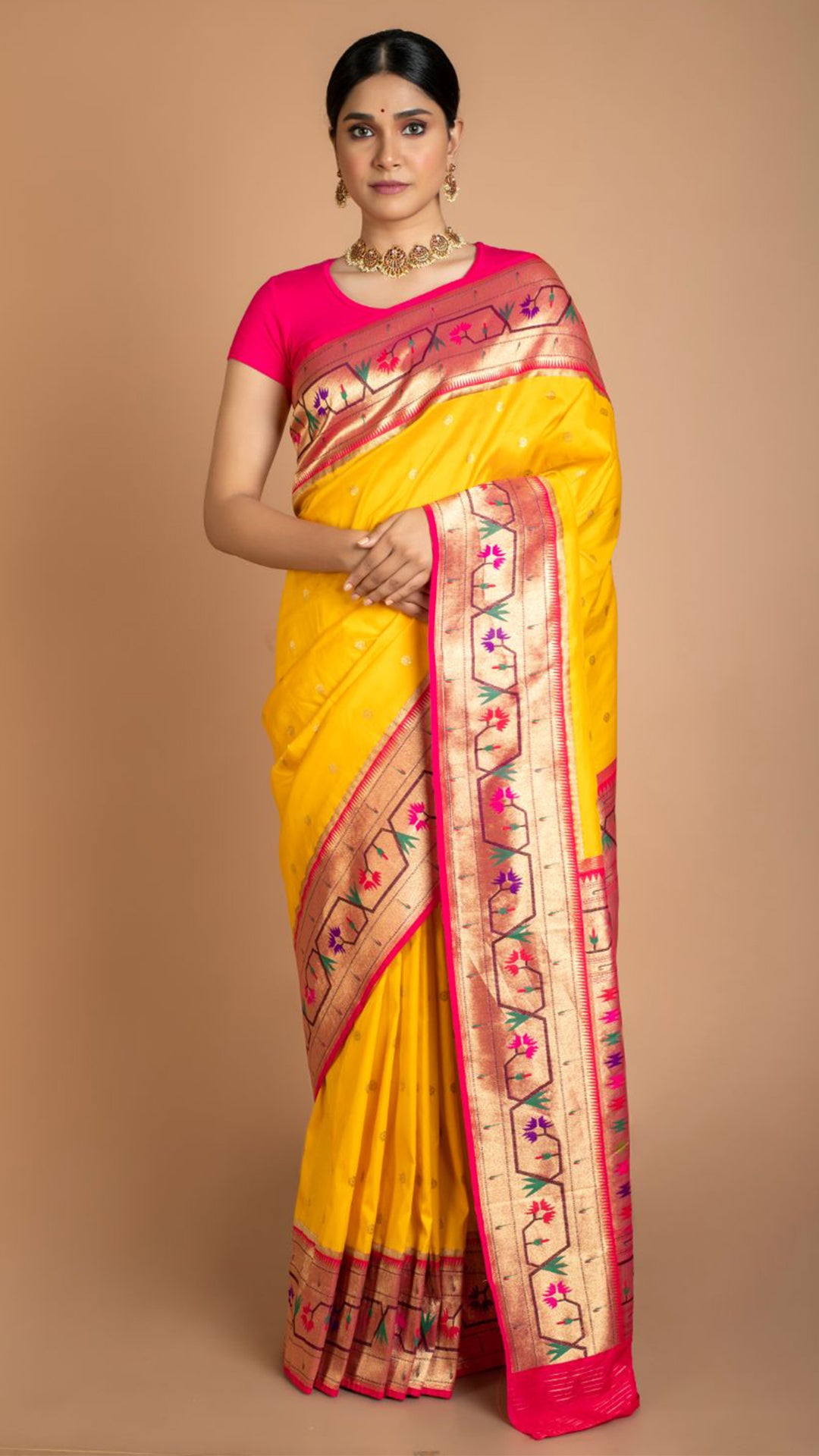 Amber Yellow Paithani Silk Saree And Blouse Piece – paanericlothing