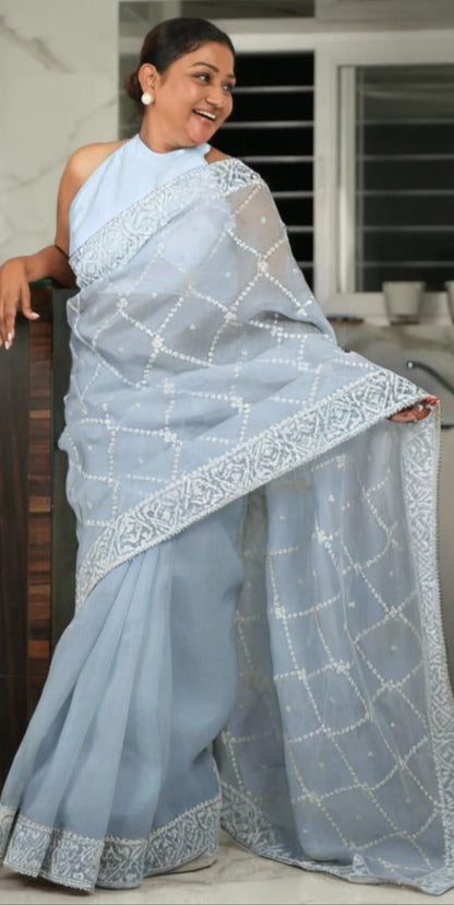 Powder Blue Organza Saree with Threadwork Saree