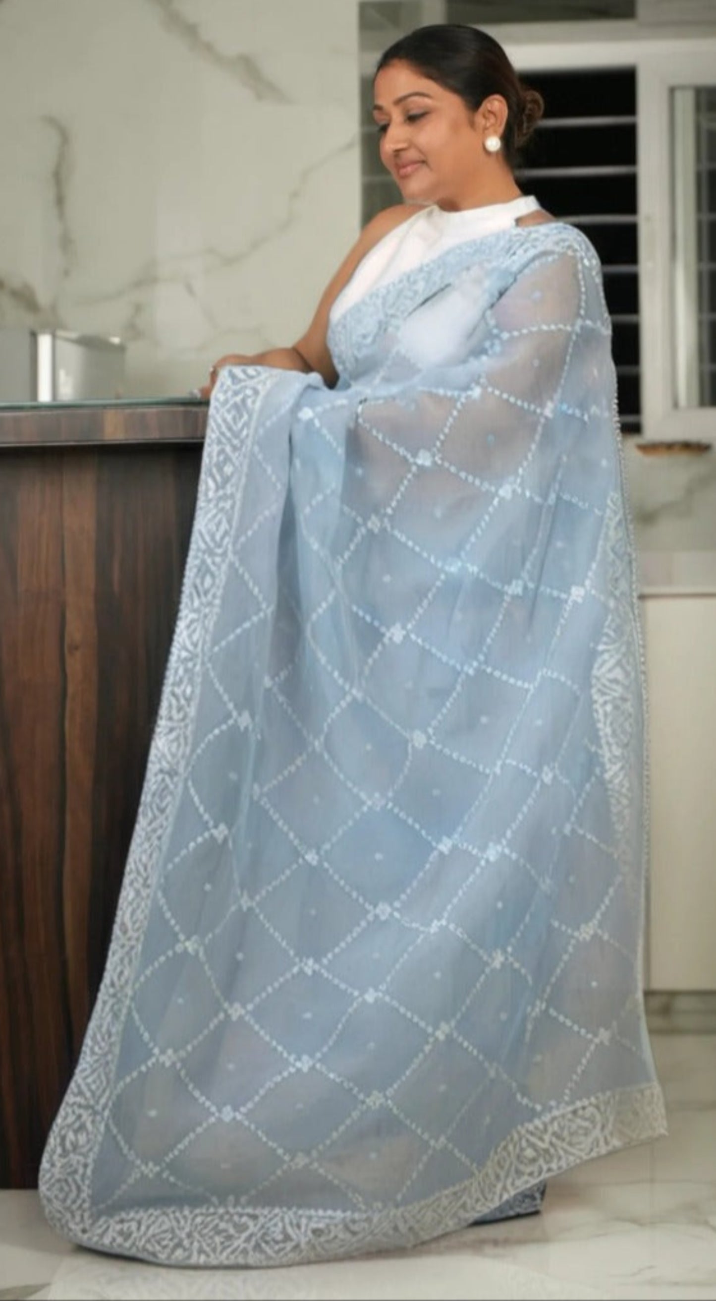 Powder Blue Organza Saree with Threadwork Saree