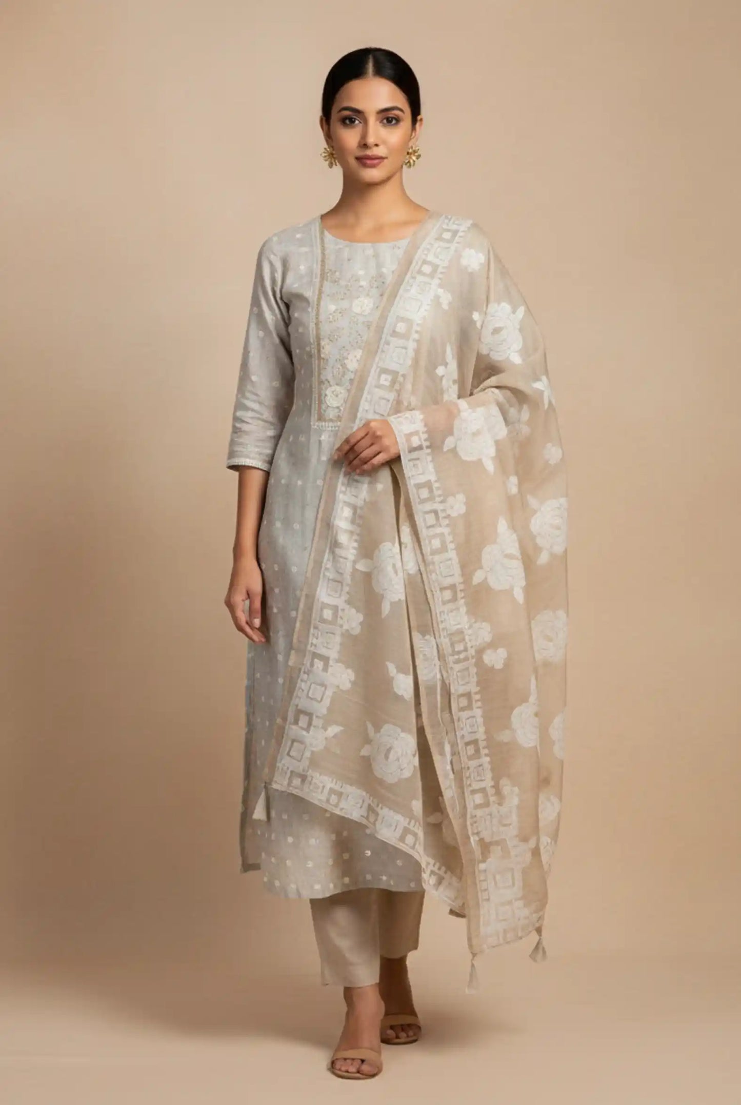 Greige Zamdani Mal Chanderi Kurti featured
