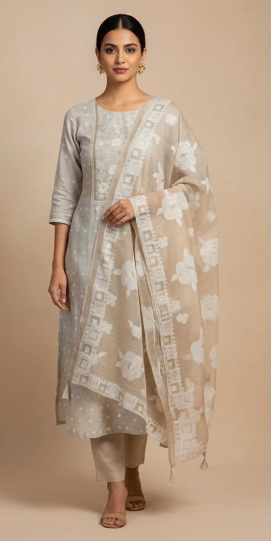 Greige Zamdani Mal Chanderi Kurti featured