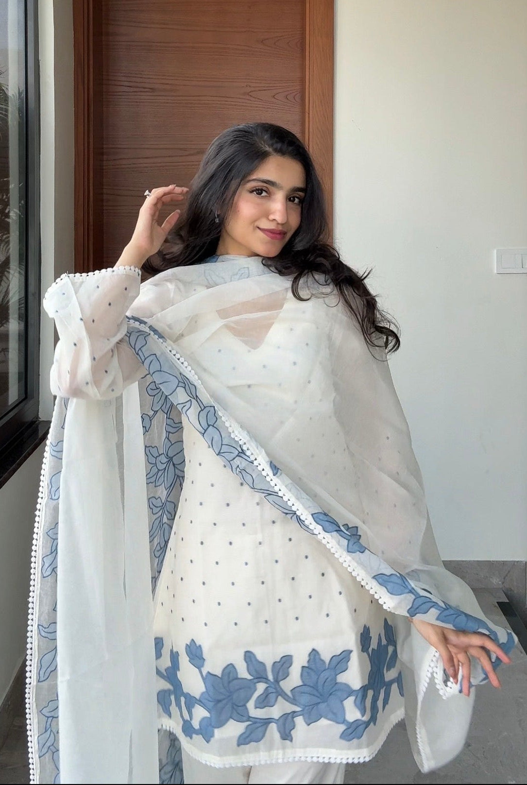 Blossom Mal Chanderi Kurti Material Blue featured