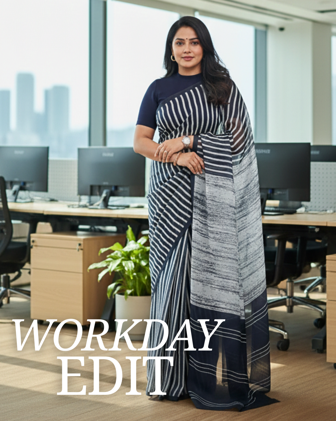 Woman in a striped saree standing in an office setting with 'Workday Edit' text overlay.