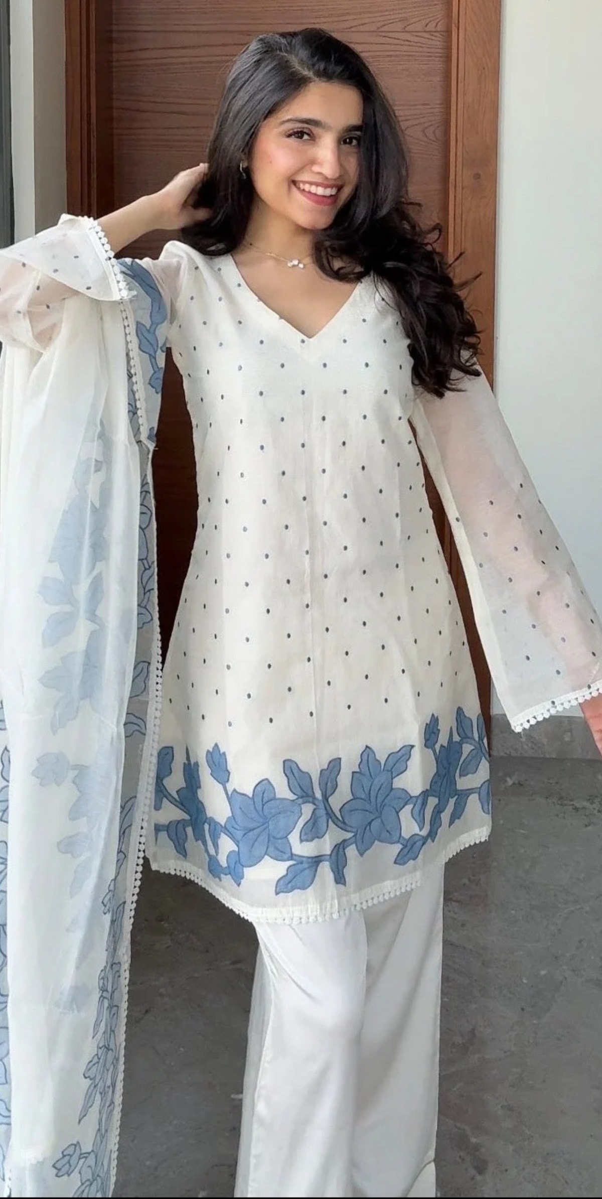 Blossom Mal Chanderi Kurti Material Blue featured