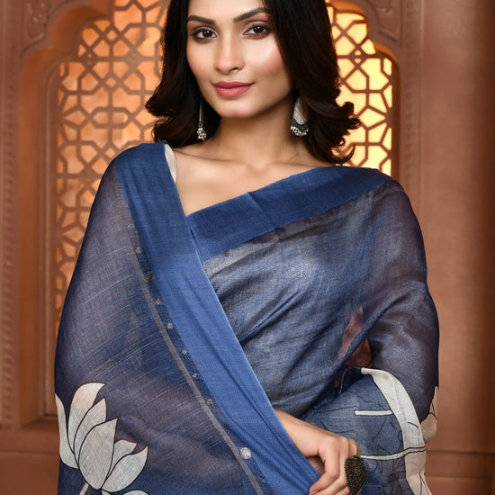 Gayatri Lotus Tussar Silk Saree - Zodiac Blue featured common