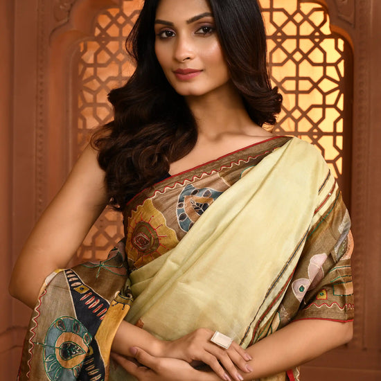 Ruhi Abstract Tussar Silk Saree Light Lime Green featured common