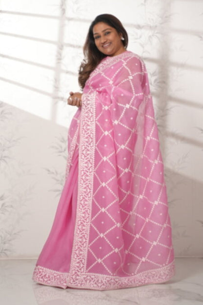 Baby Pink Organza Saree with Thread work Saree