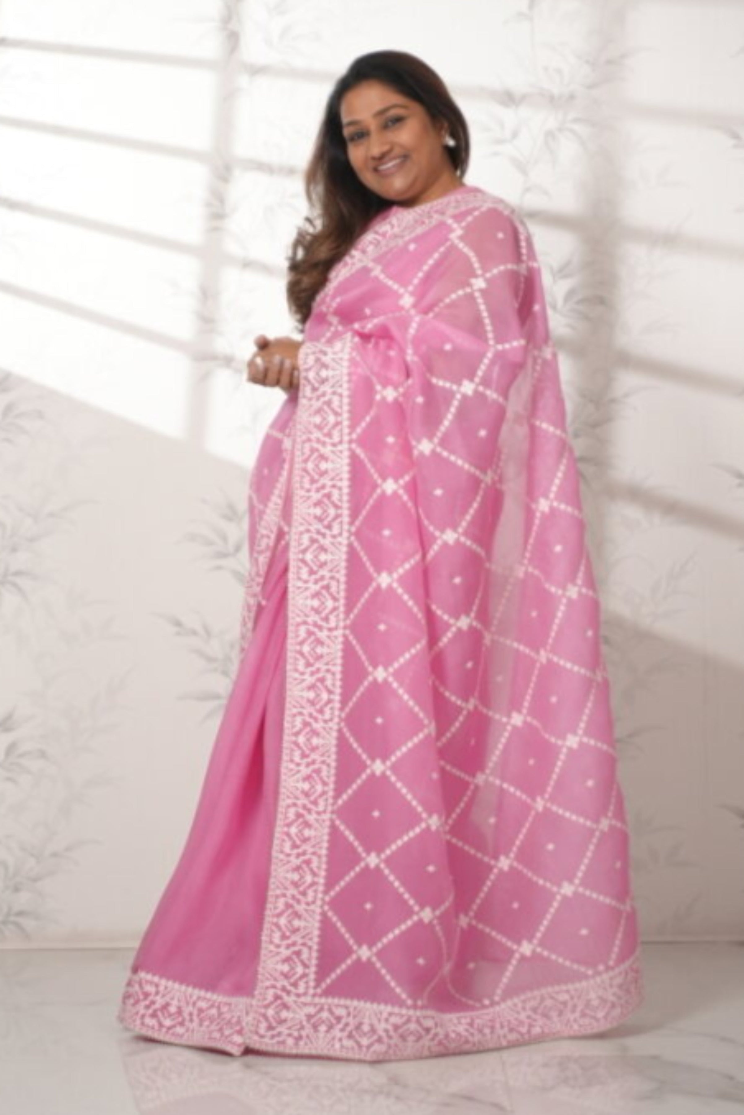 Baby Pink Organza Saree with Thread work