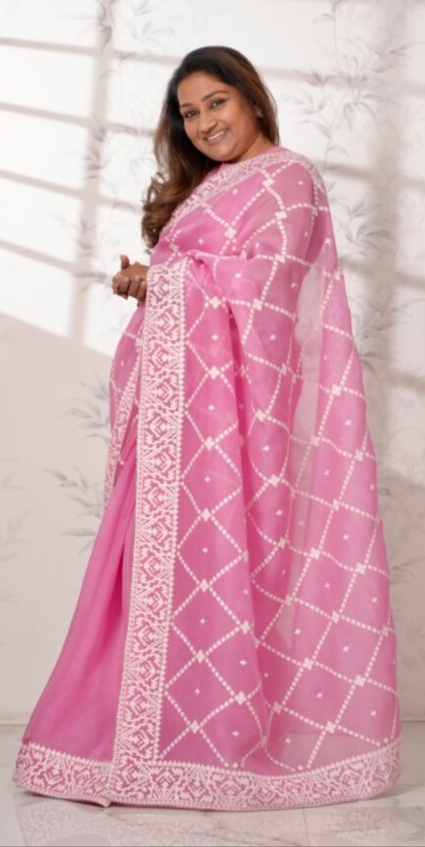 Baby Pink Organza Saree with Thread work Saree
