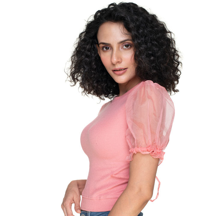Hosiery Blouses with Puffy Organza Sleeves - Sakura Pink - Blouse featured
