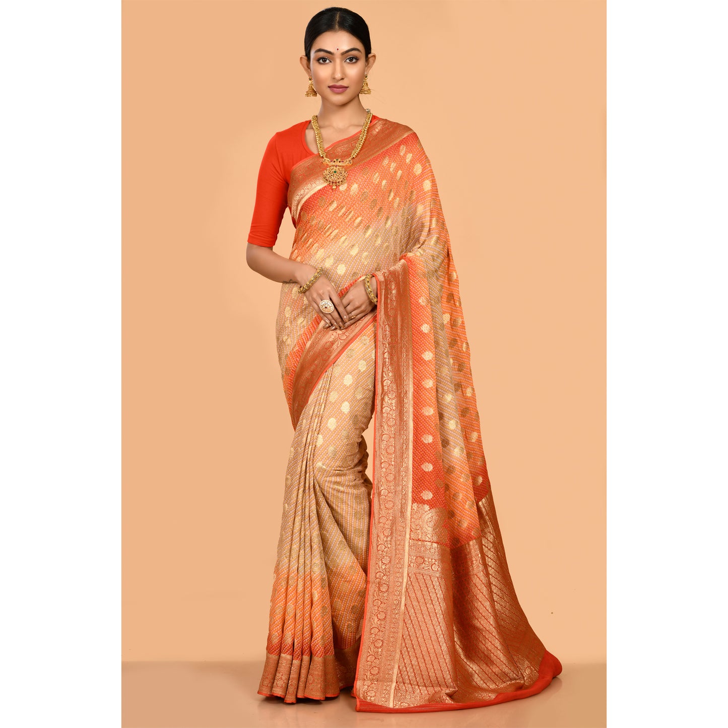 Ivory beige and orange Bandhani Saree Saree