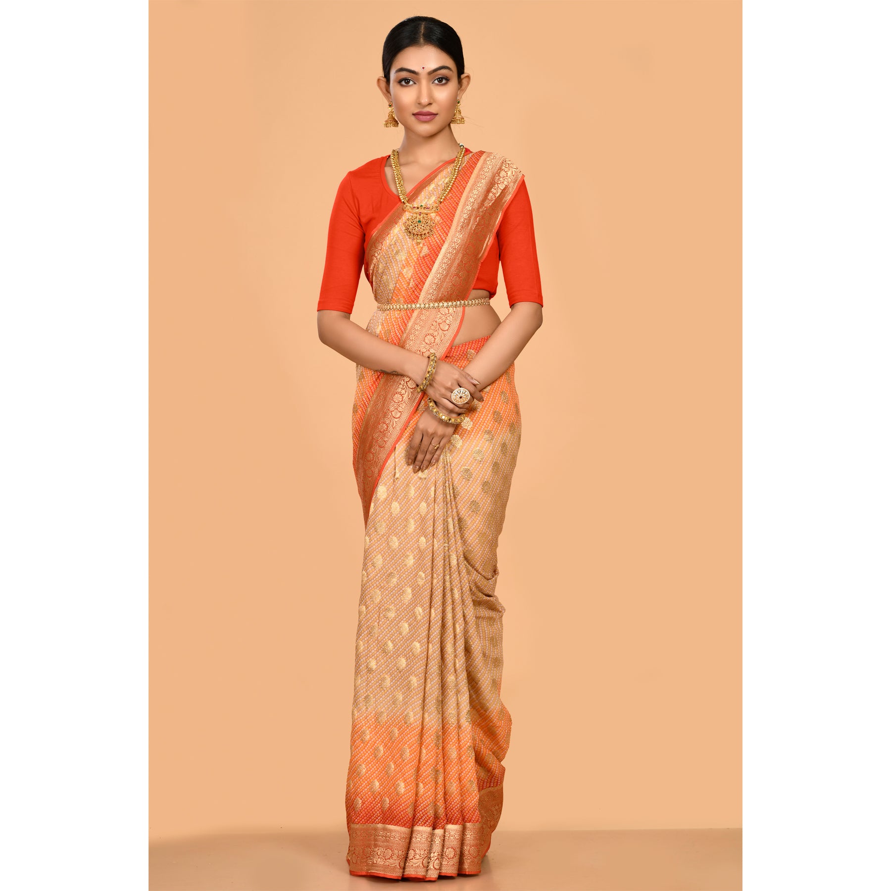 Ivory beige and orange Bandhani Saree Saree