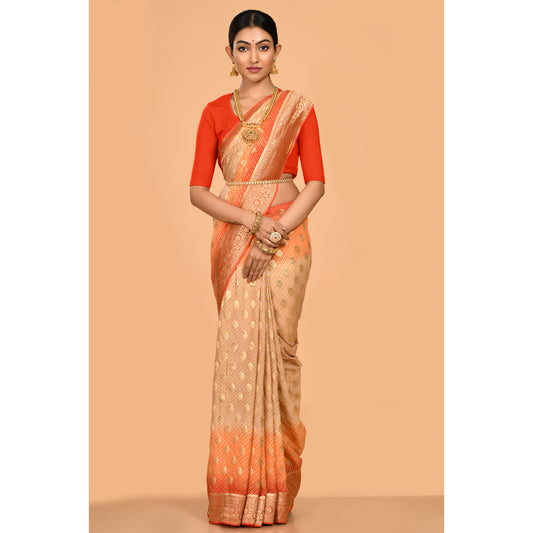 Ivory beige and orange Bandhani Saree Saree