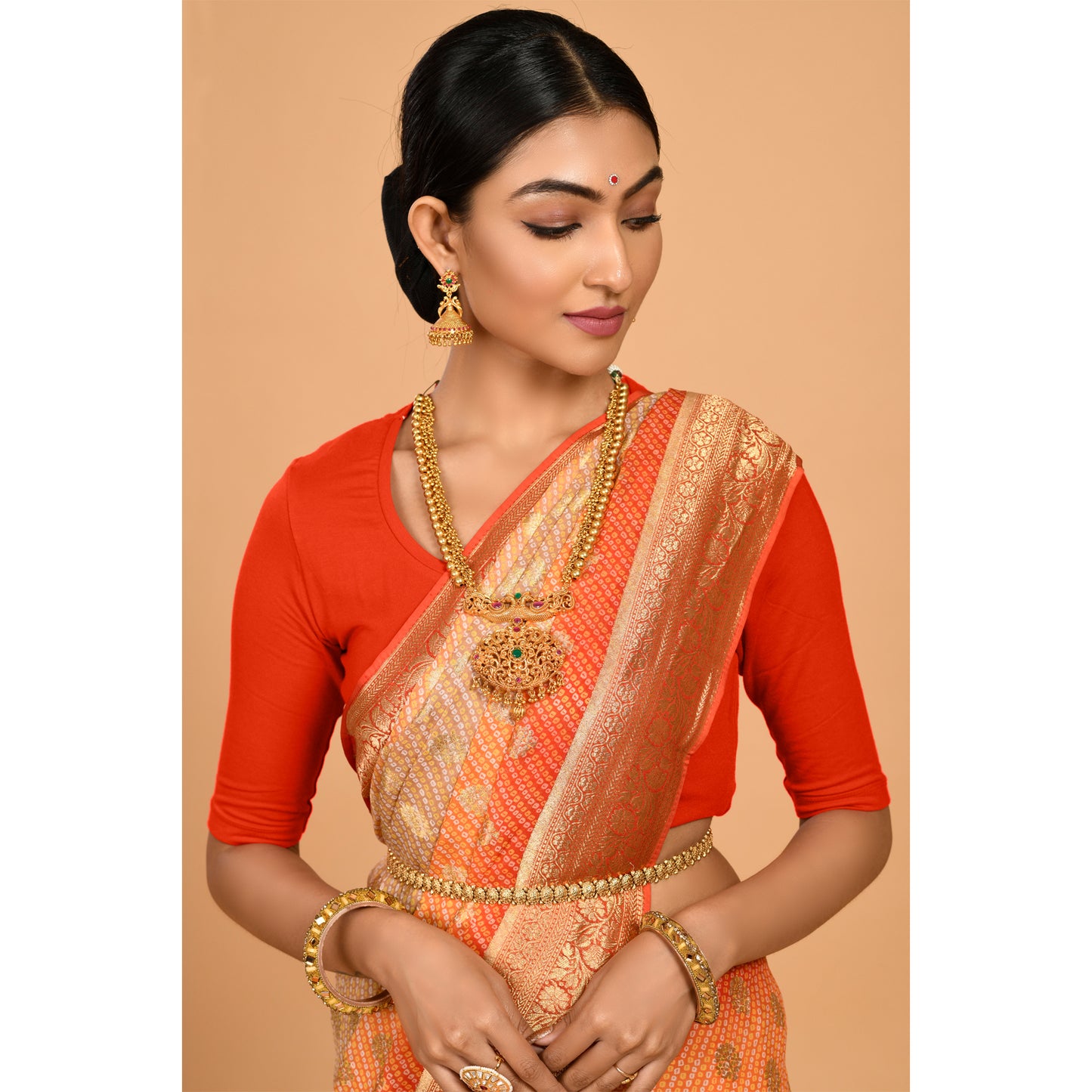 Ivory beige and orange Bandhani Saree Saree