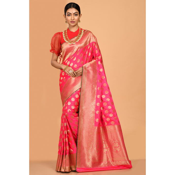 Bright Pink Magenta and Golden Colored Banarasi Silk Saree Saree