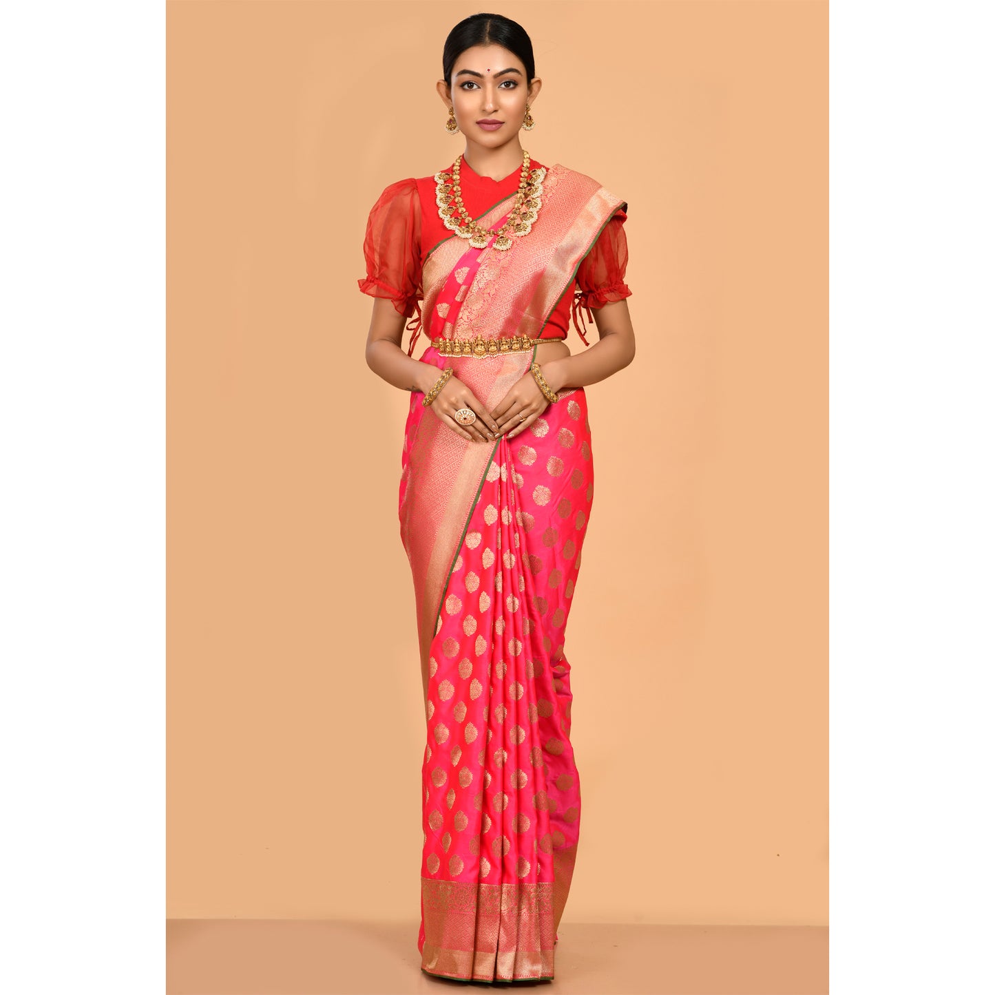 Bright Pink Magenta and Golden Colored Banarasi Silk Saree Saree