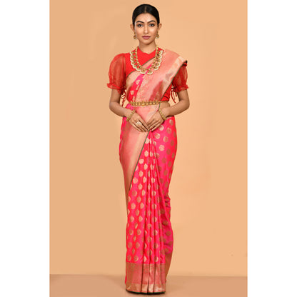 Bright Pink Magenta and Golden Colored Banarasi Silk Saree Saree