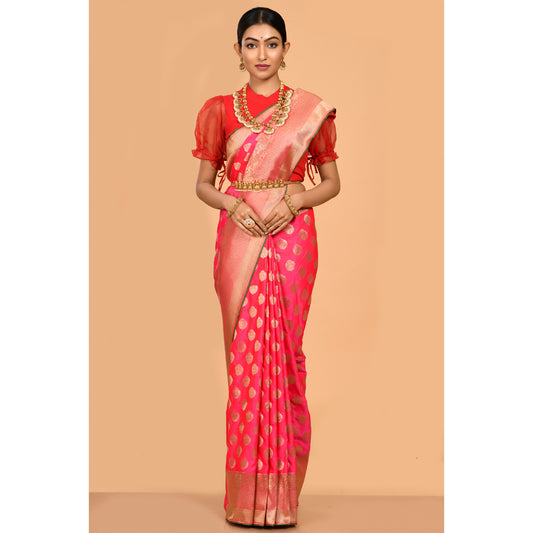 Bright Pink Magenta and Golden Colored Banarasi Silk Saree Saree