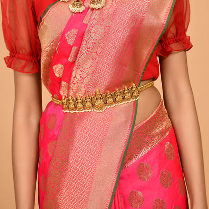 Bright Pink Magenta and Golden Colored Banarasi Silk Saree Saree