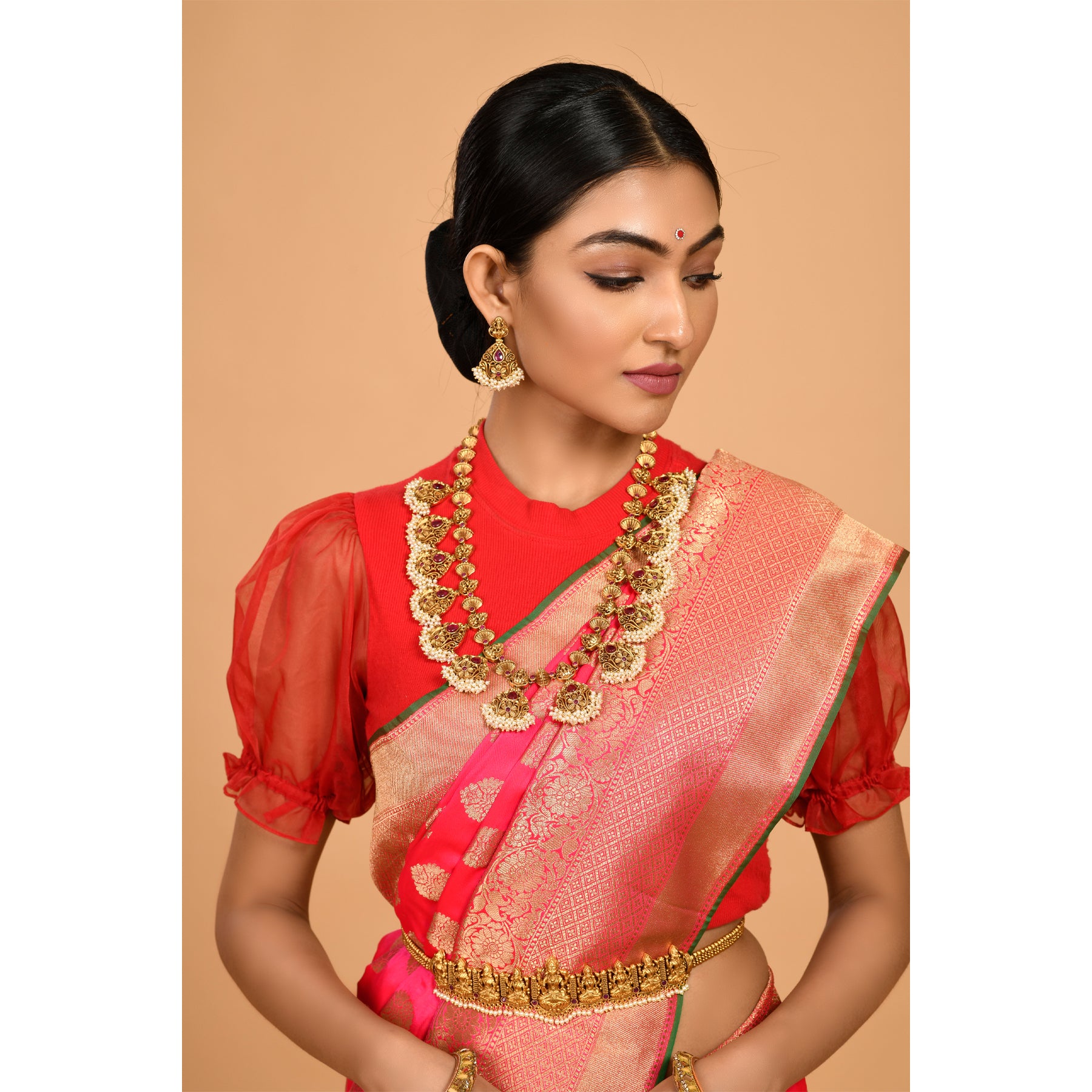Bright Pink Magenta and Golden Colored Banarasi Silk Saree Saree