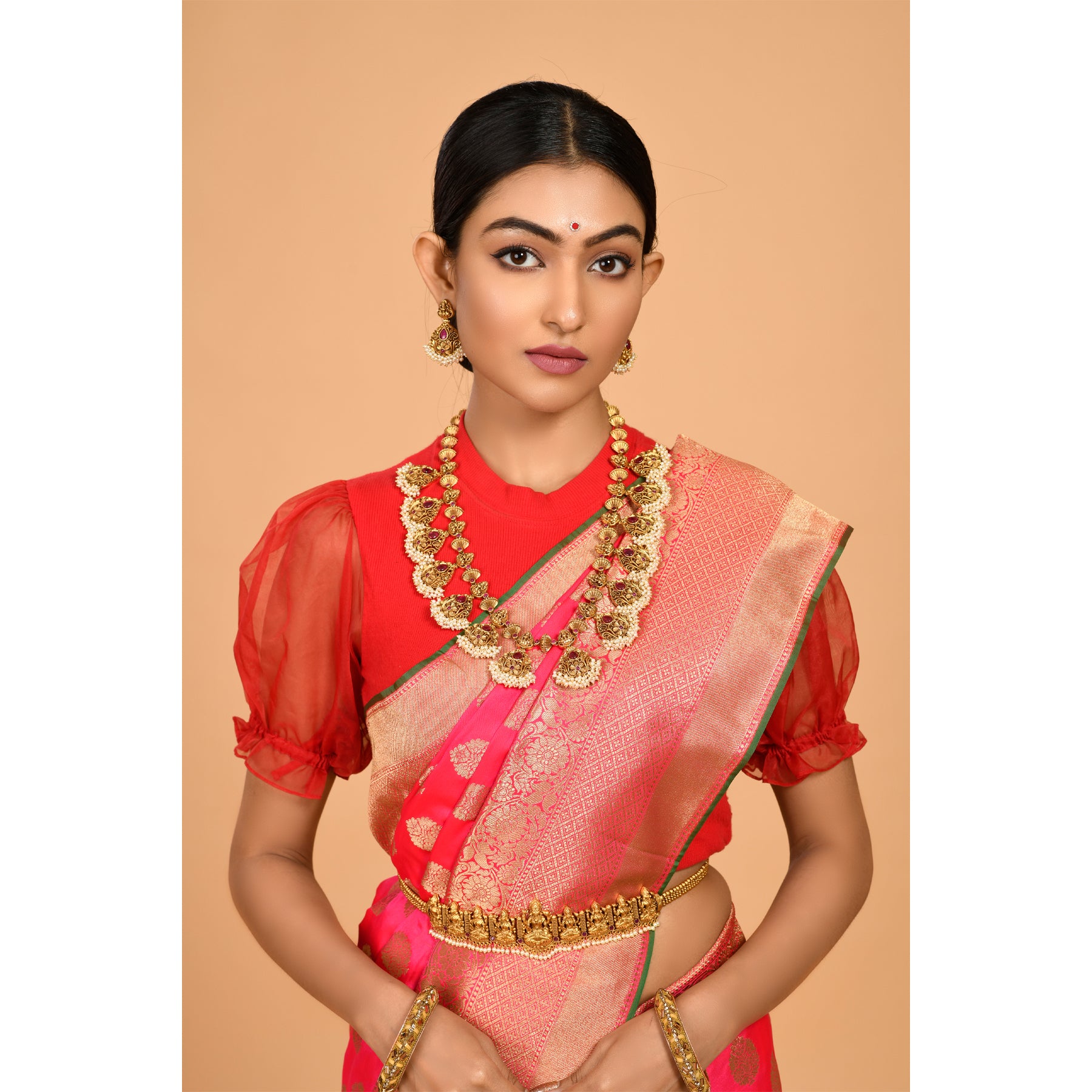 Bright Pink Magenta and Golden Colored Banarasi Silk Saree Saree