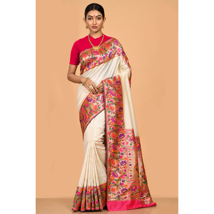 Trendy Cream Paithani Saree Saree