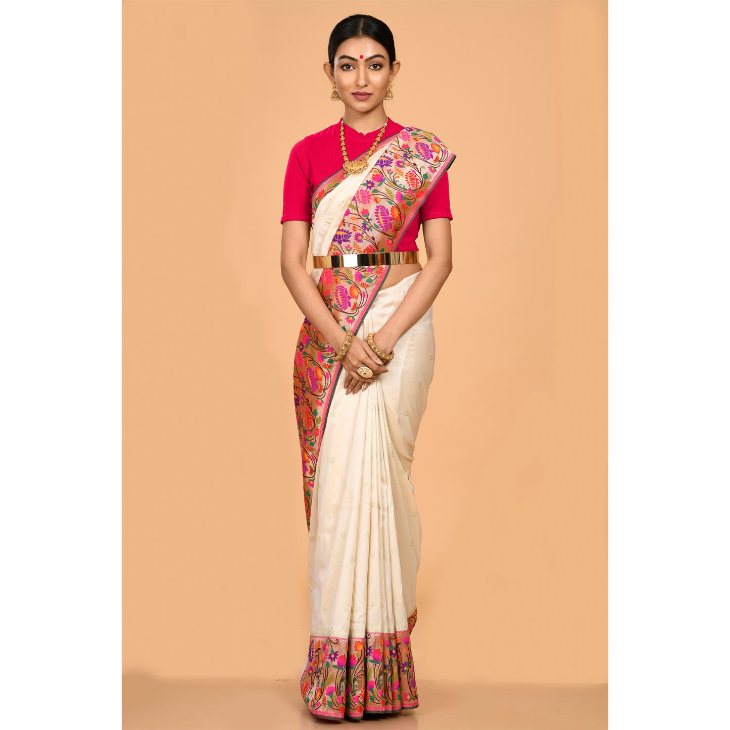 Trendy Cream Paithani Saree Saree