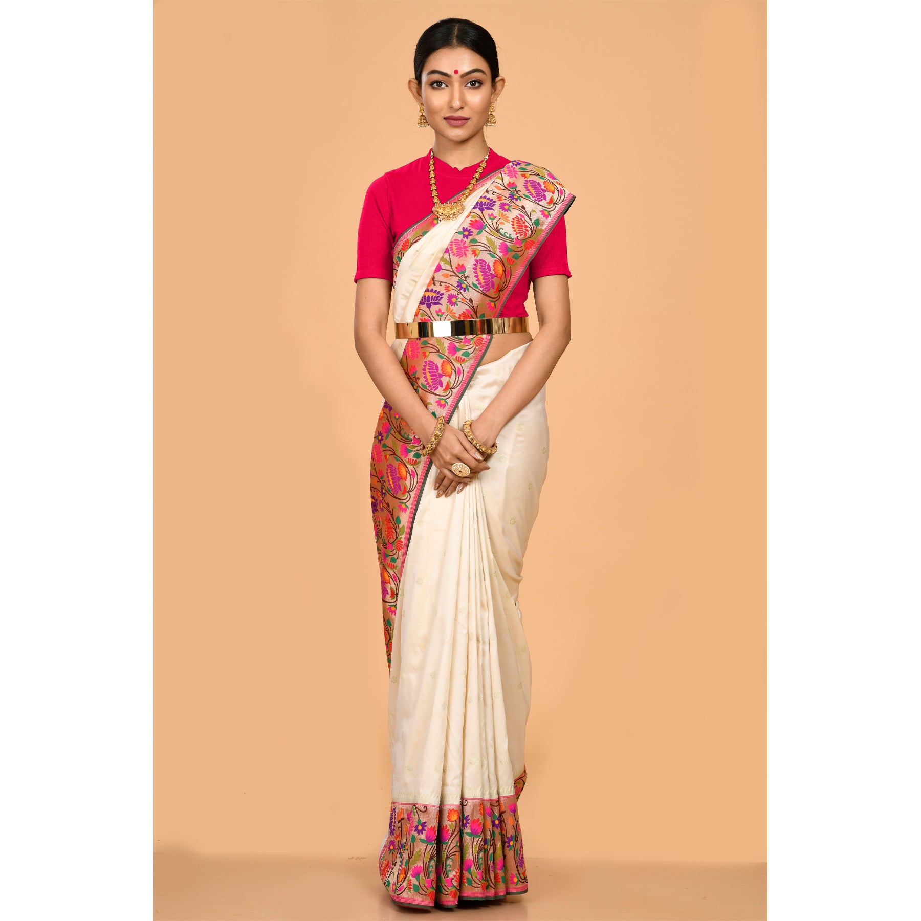 Trendy Cream Paithani Saree Saree