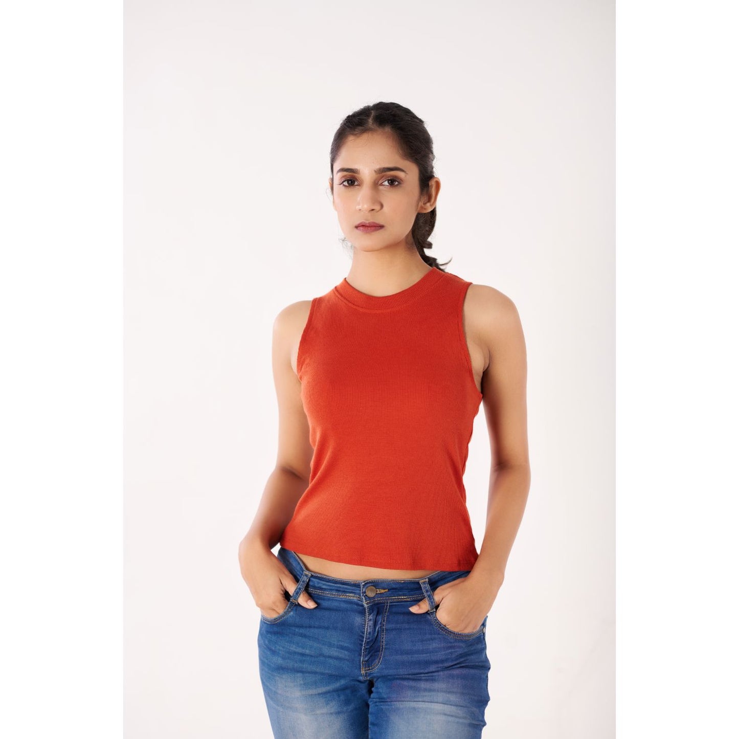 Sleeveless Hosiery Blouses - Brick Red - Blouse featured