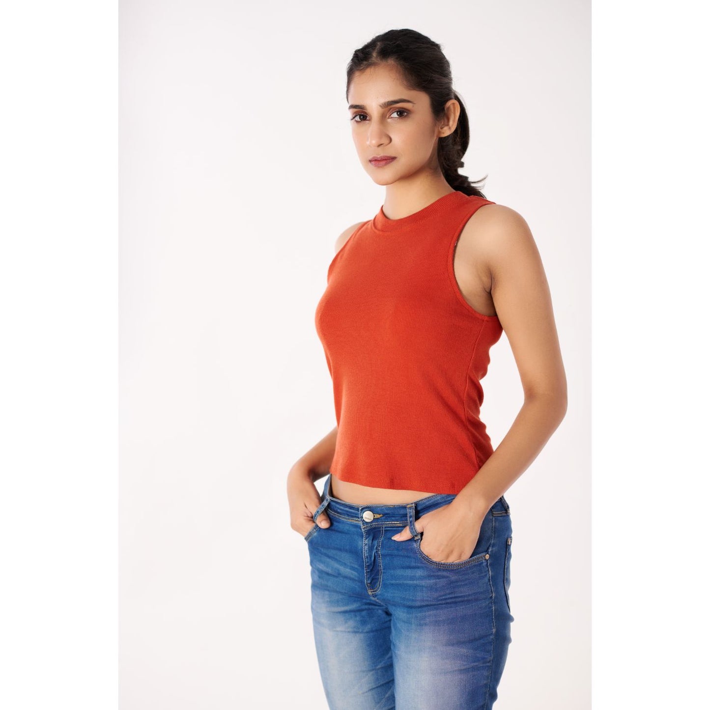 Sleeveless Hosiery Blouses - Brick Red - Blouse featured